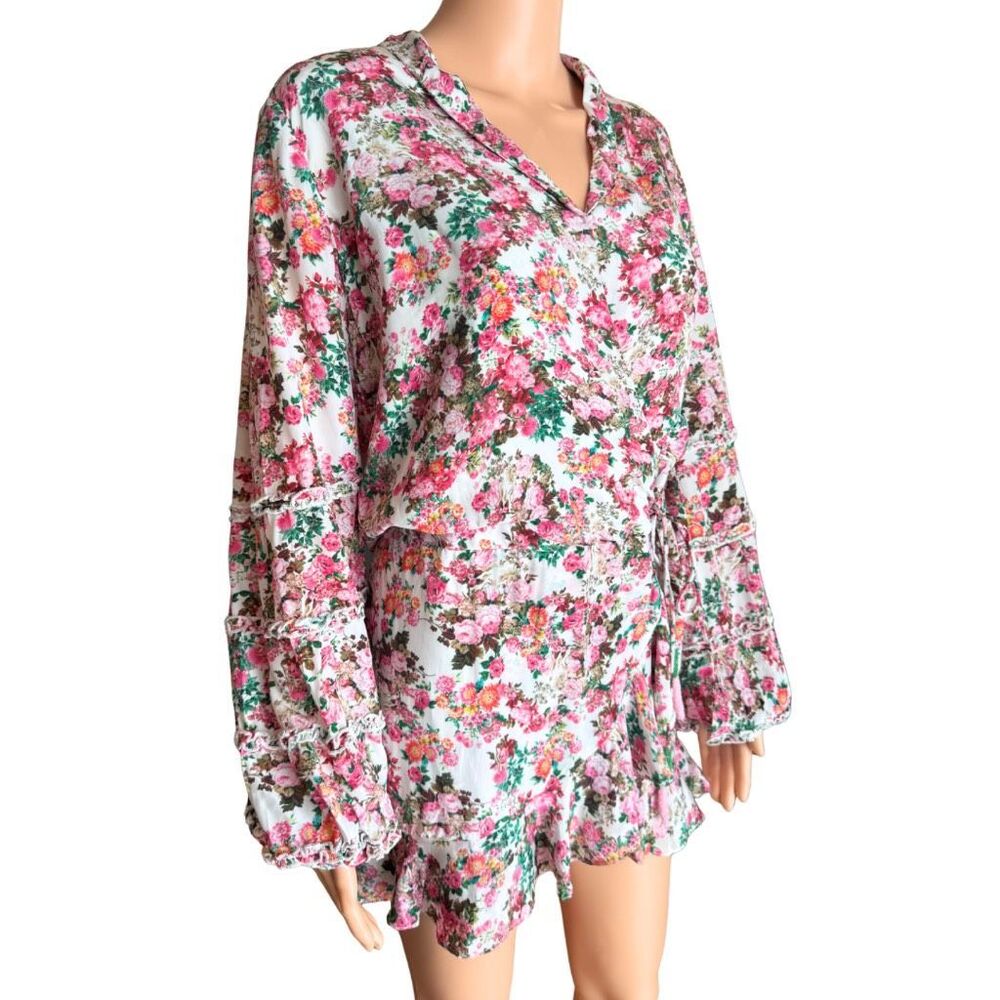 NWT ROCOCO SAND Vie Dress Small Pink Floral Ruffle Wrap Long Sleeve Mini Boho - Picture 3 of 7
